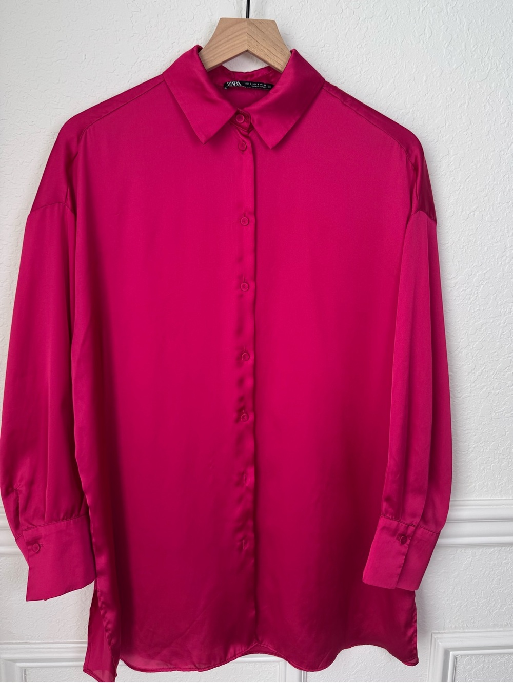 Zara Hot Pink Satin Oversized Button Down Blouse Shirt Size S